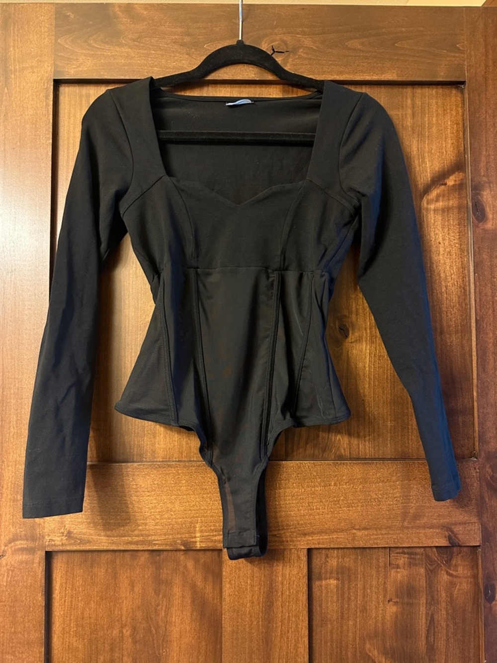 Long Sleeve Black Corset-Style Bodysuit for Women